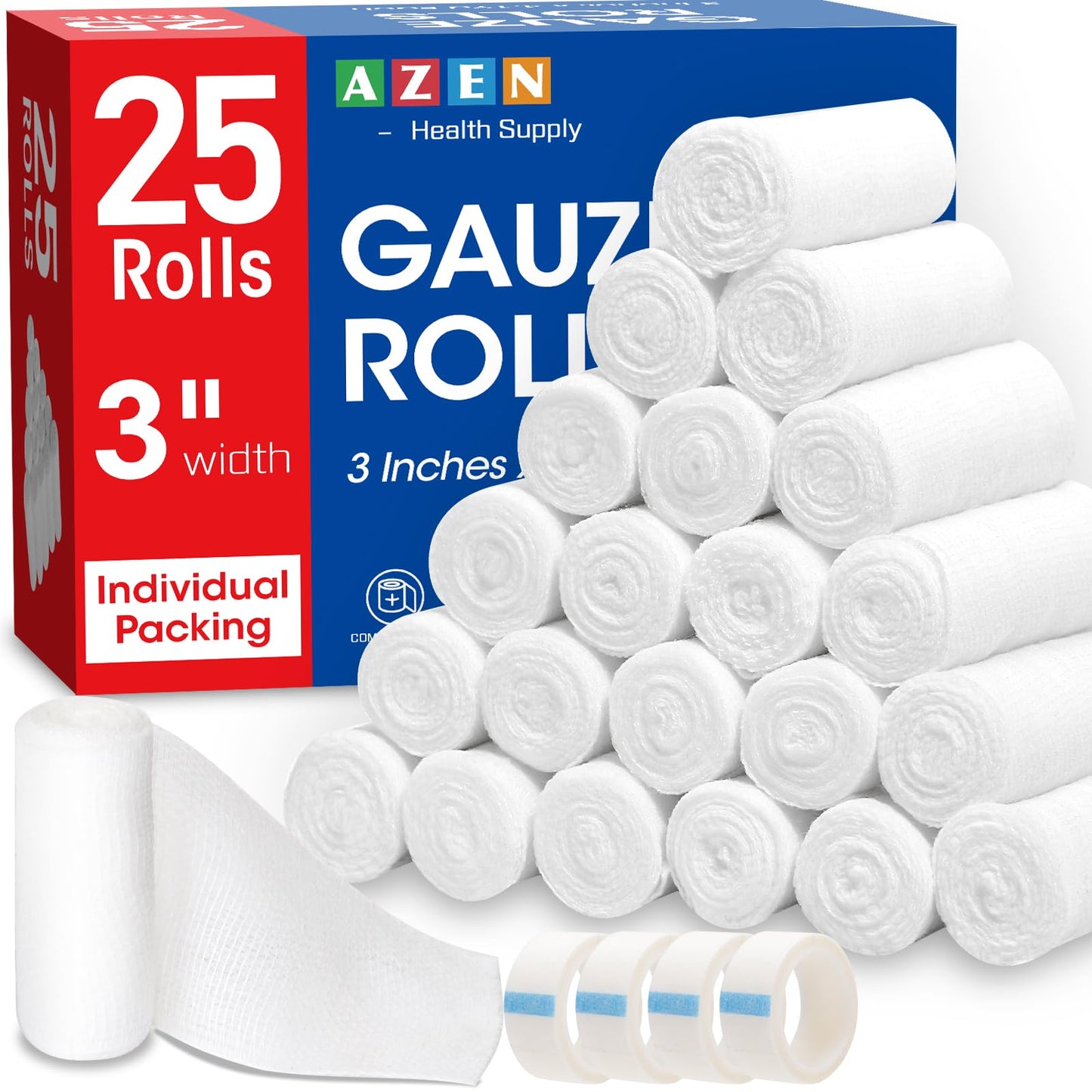 AZEN 100 Pack Gauze Rolls Bandages, 3 in x 4.1 Yards, First Aid Supplies & Premium Medical Supplies, Bandage Wrap Vet Wrap