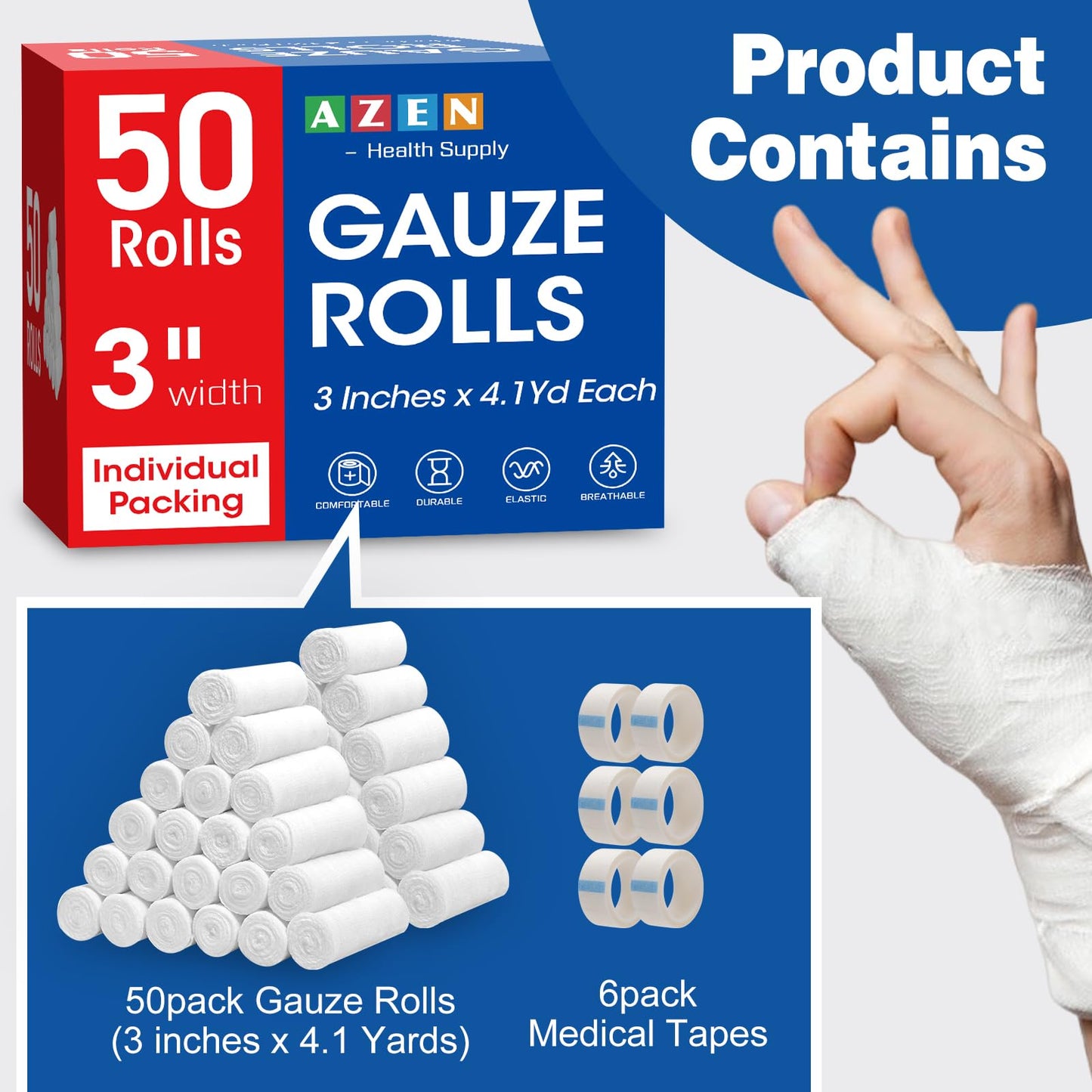 AZEN 100 Pack Gauze Rolls Bandages, 3 in x 4.1 Yards, First Aid Supplies & Premium Medical Supplies, Bandage Wrap Vet Wrap