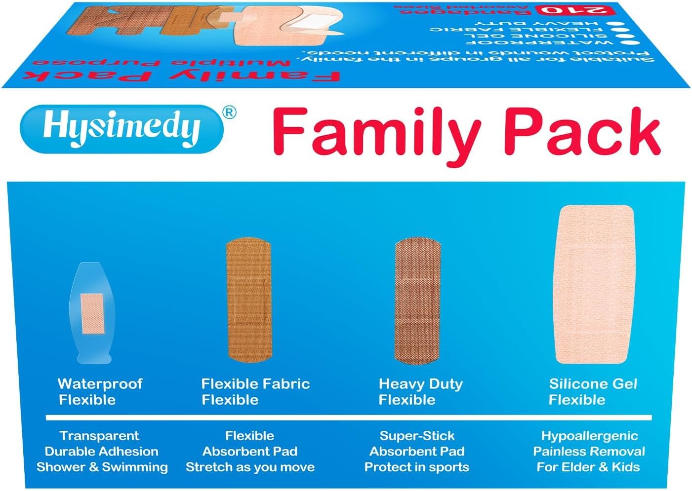 Adhesive Assorted Bandages Variety Pack 210 Counts Flexible Fabric Heavy Duty Waterproof Silicone Hypoallergenic Latex Free for Sensitive Skin Wounds Care Medical First Aid Kit Supplies