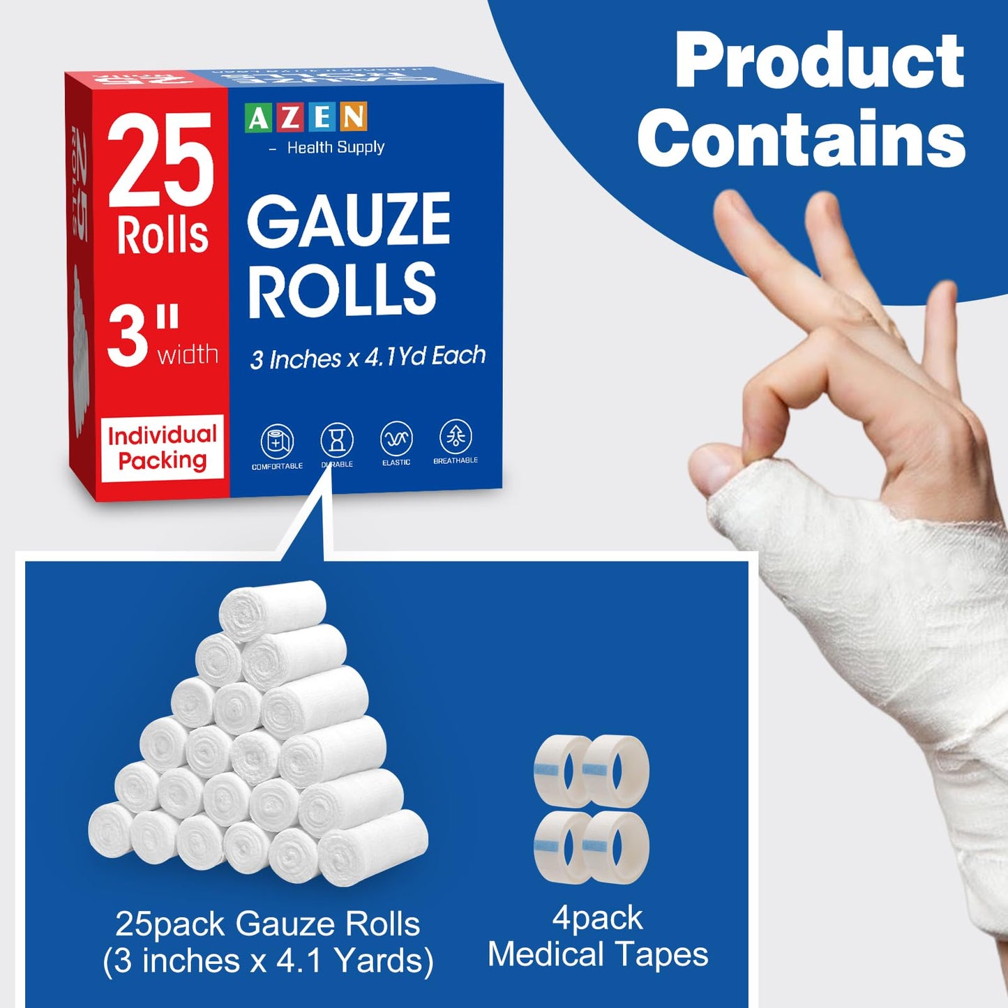 AZEN 100 Pack Gauze Rolls Bandages, 3 in x 4.1 Yards, First Aid Supplies & Premium Medical Supplies, Bandage Wrap Vet Wrap