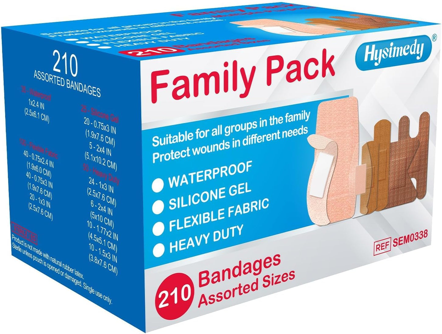 Adhesive Assorted Bandages Variety Pack 210 Counts Flexible Fabric Heavy Duty Waterproof Silicone Hypoallergenic Latex Free for Sensitive Skin Wounds Care Medical First Aid Kit Supplies