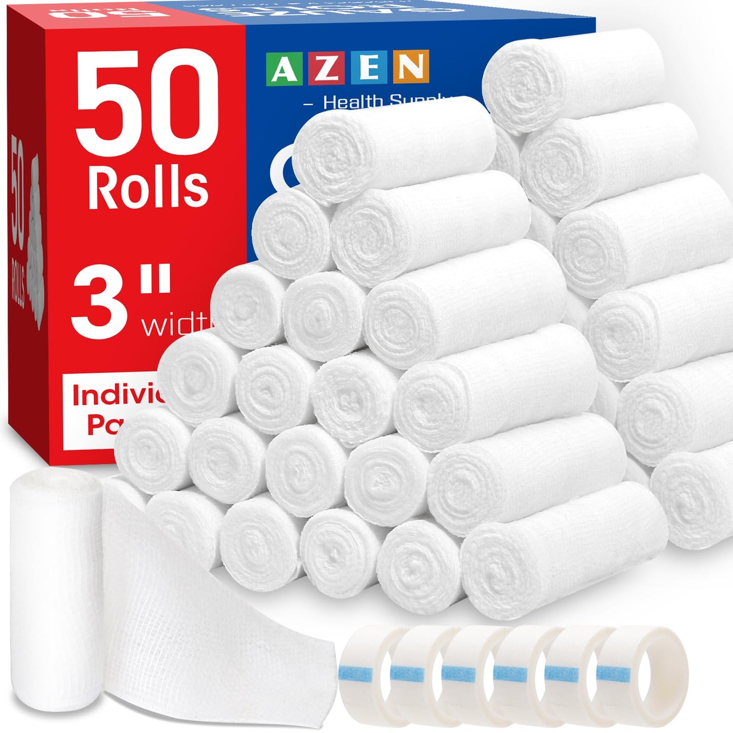 AZEN 100 Pack Gauze Rolls Bandages, 3 in x 4.1 Yards, First Aid Supplies & Premium Medical Supplies, Bandage Wrap Vet Wrap