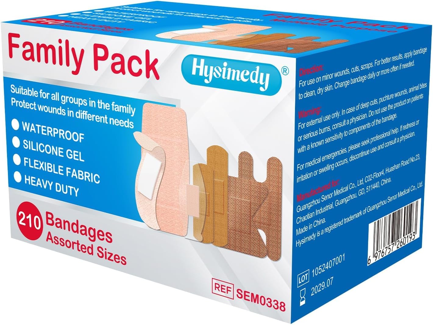 Adhesive Assorted Bandages Variety Pack 210 Counts Flexible Fabric Heavy Duty Waterproof Silicone Hypoallergenic Latex Free for Sensitive Skin Wounds Care Medical First Aid Kit Supplies
