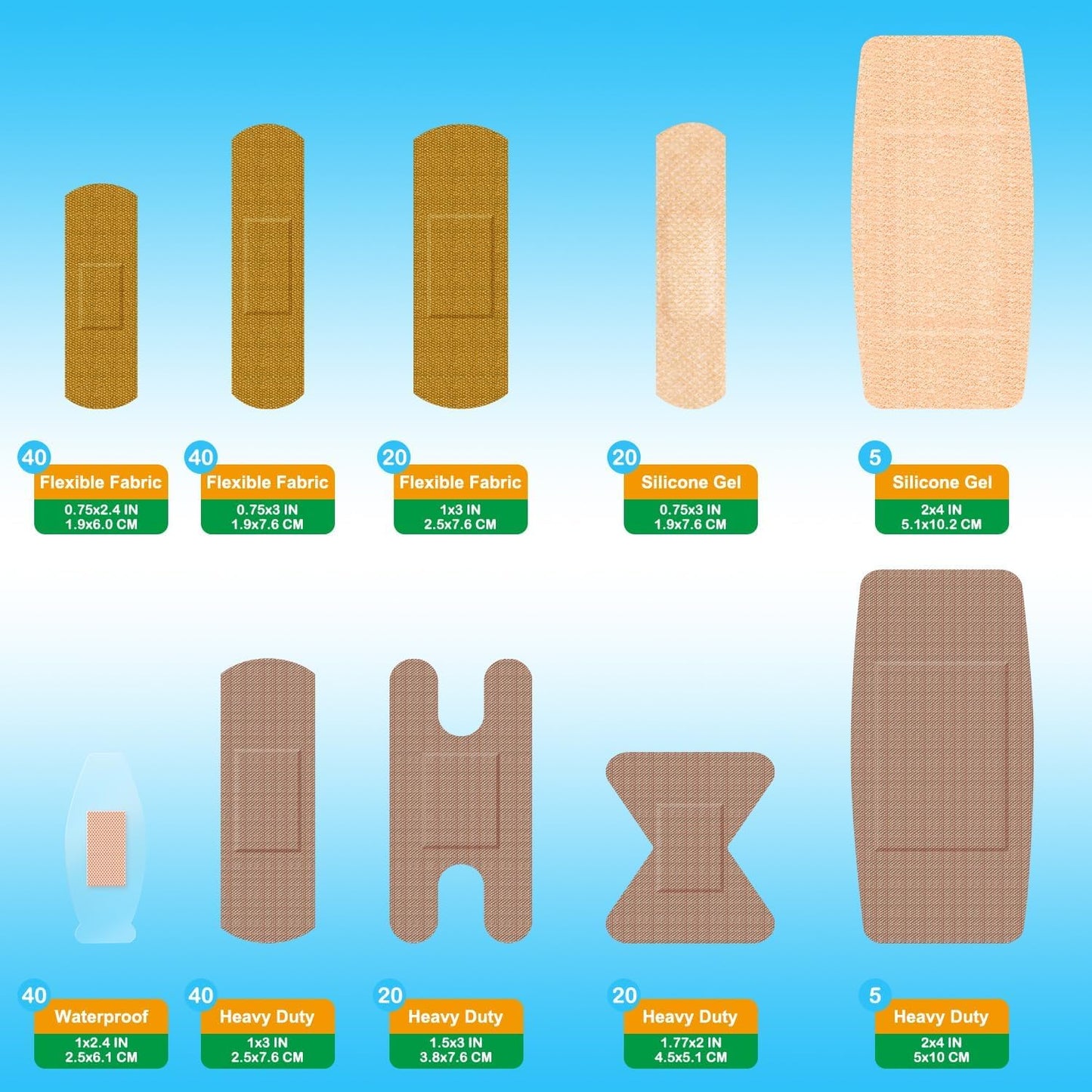 Adhesive Assorted Bandages Variety Pack 210 Counts Flexible Fabric Heavy Duty Waterproof Silicone Hypoallergenic Latex Free for Sensitive Skin Wounds Care Medical First Aid Kit Supplies