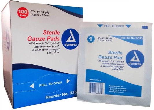 3"X3" Gauze Pads Cotton Latex-Free Sterile - 12 Ply - 100 Pads/Box (4 Boxes) (MS-42130)